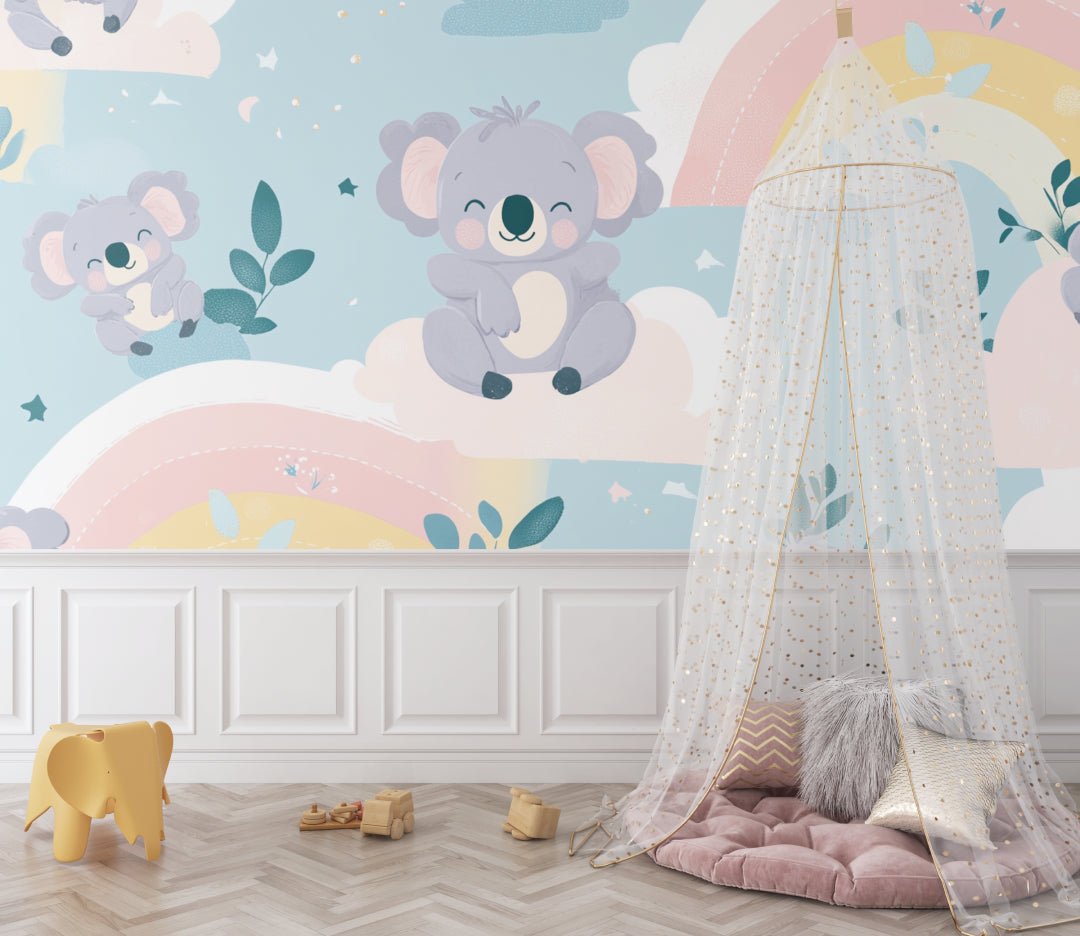 Pastel rainbow koala wallpaper in a gender-neutral nursery with gray and white decor