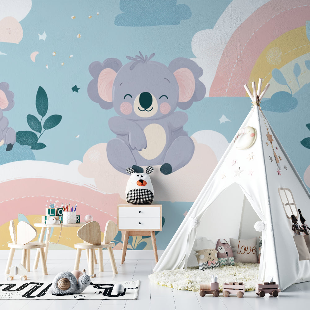 Rainbow nursery wallpaper with koalas featured in a bright, airy playroom setting