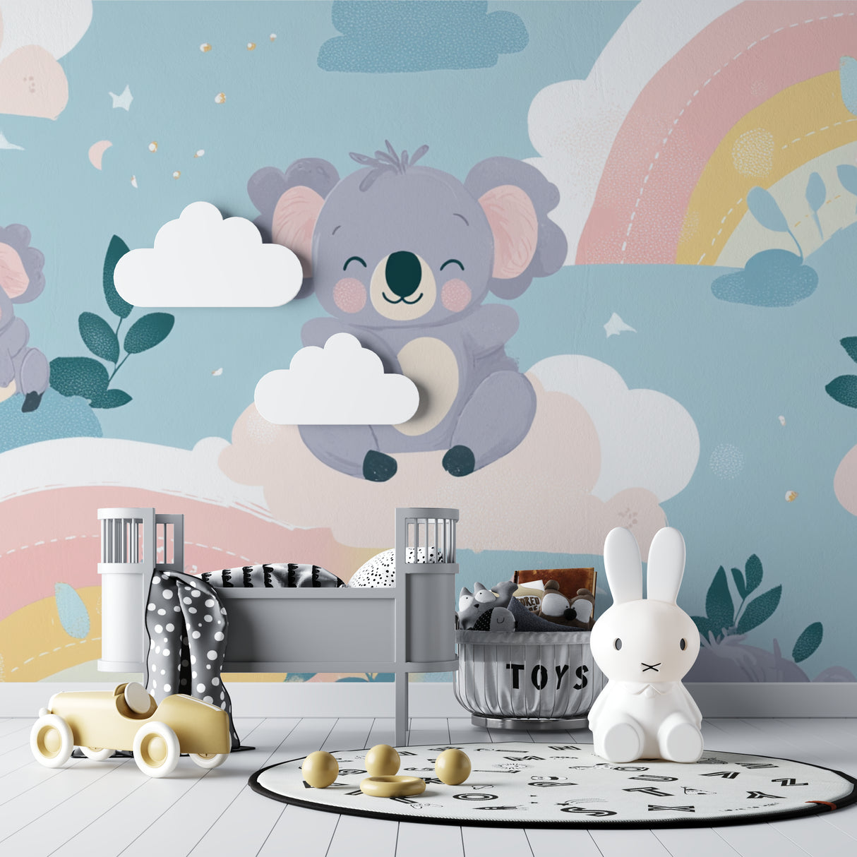 Koala wallpaper design bringing charm to a mint green nursery with modern accessories