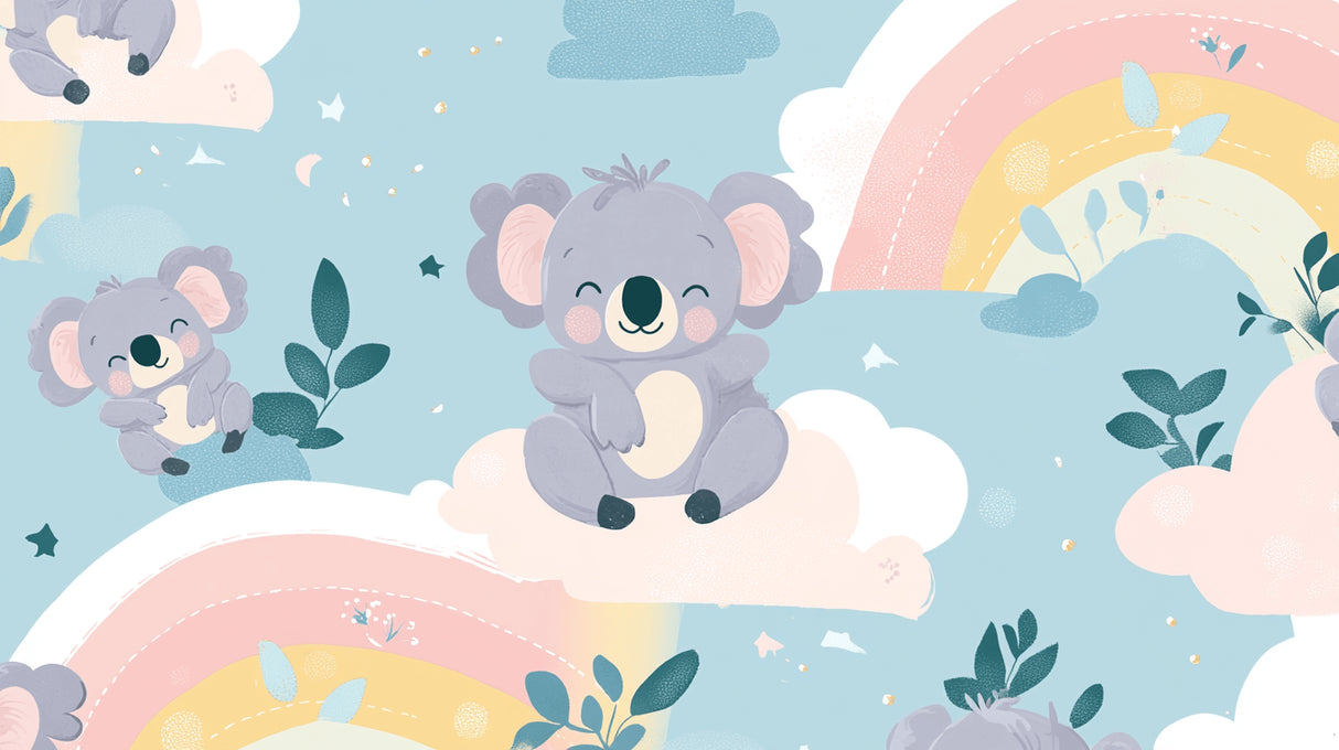Design file showing sweet koalas and pastel rainbow pattern on white background