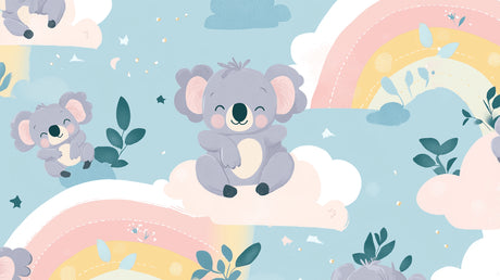 Design file showing sweet koalas and pastel rainbow pattern on white background