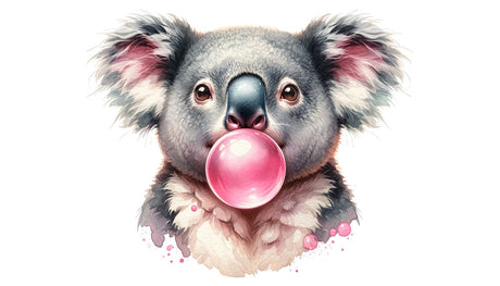 Koala wall mural design file showing detailed watercolor artwork of a playful koala with bubble gum