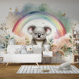 Koala watercolor wallpaper creating a magical atmosphere in a modern nursery with soft rainbow accents and floating stars