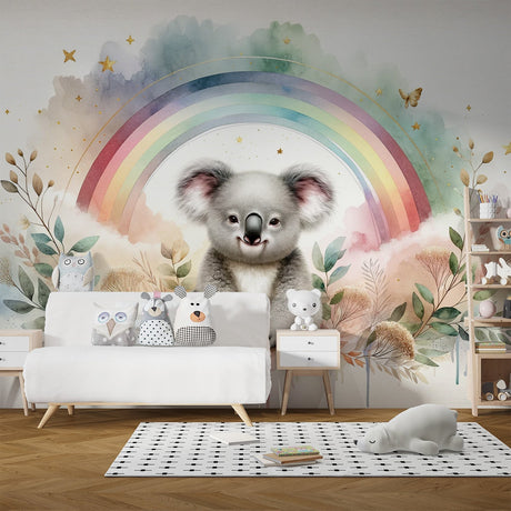 Koala watercolor wallpaper creating a magical atmosphere in a modern nursery with soft rainbow accents and floating stars