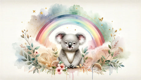 Koala wallpaper design file with watercolor rainbow pattern and dreamy pastel clouds