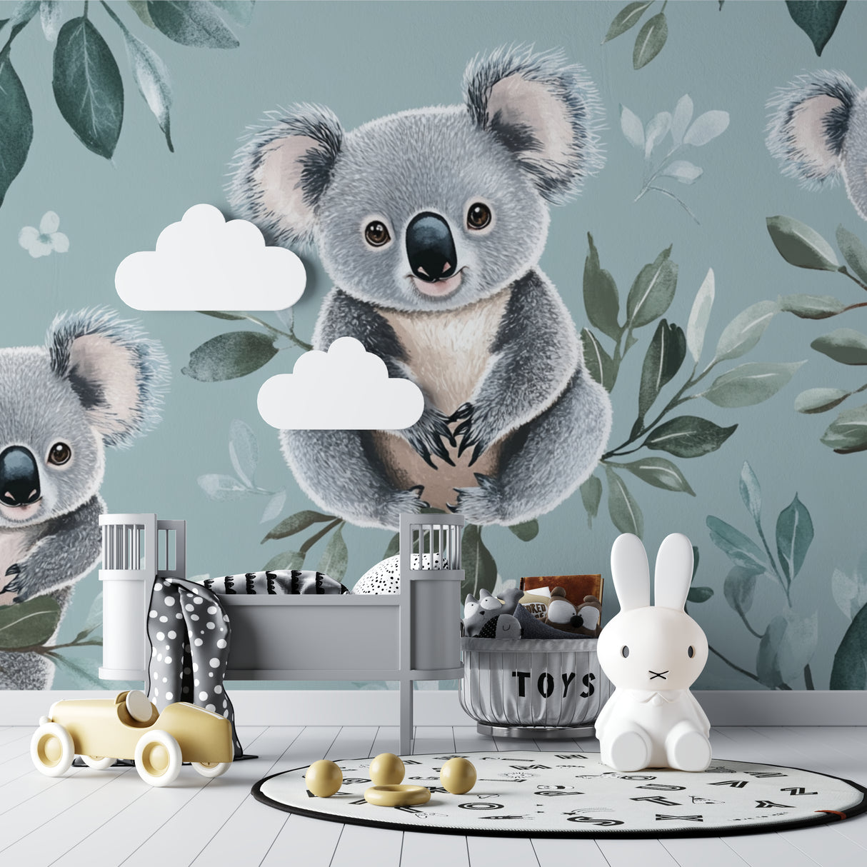 Sage green koala wallpaper creating a cozy reading nook in a children's bedroom