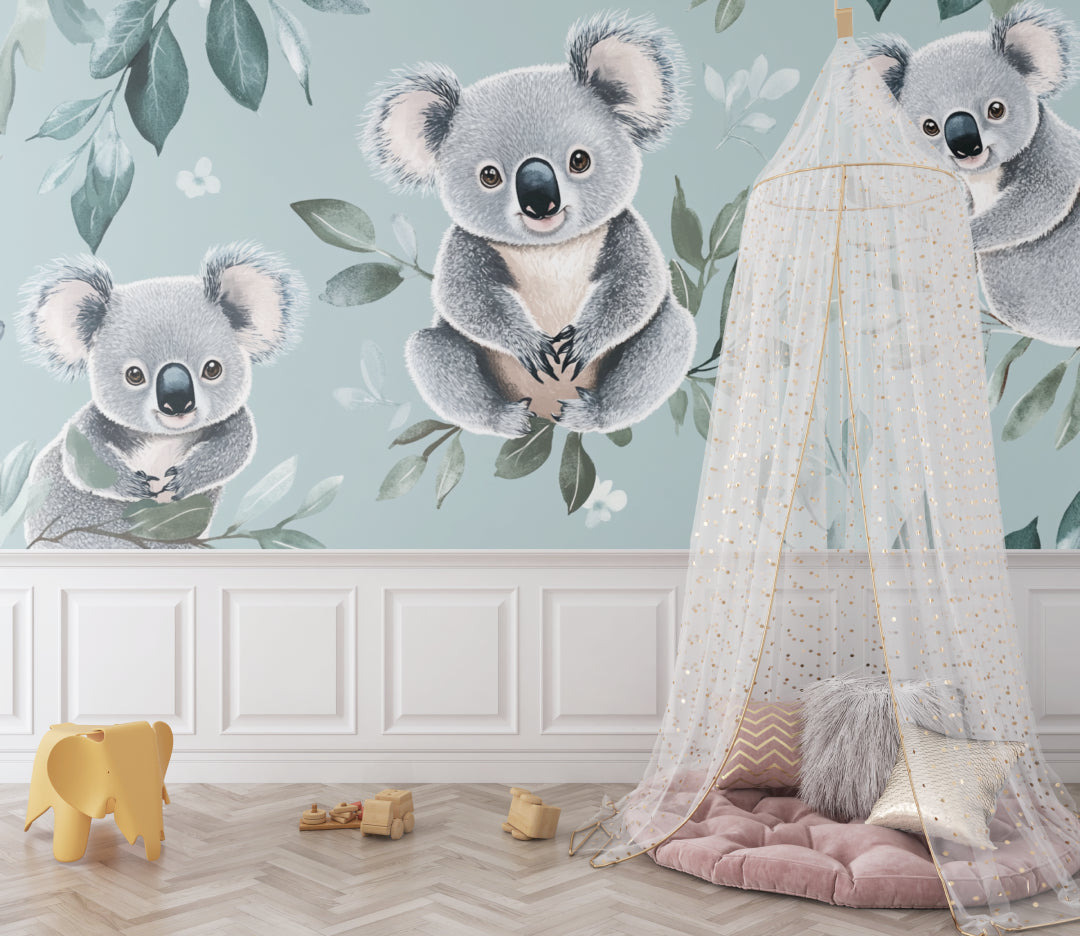 Koala wall mural bringing Australian charm to a playroom with natural wooden toys