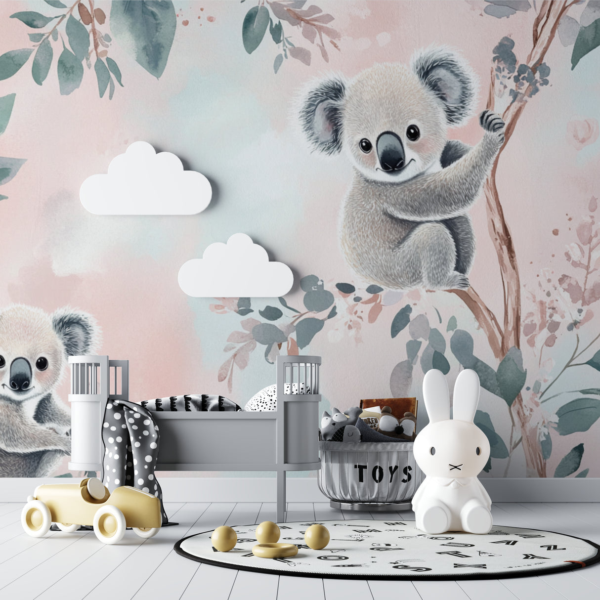 Koala wall mural in a peaceful reading nook with pastel accessories