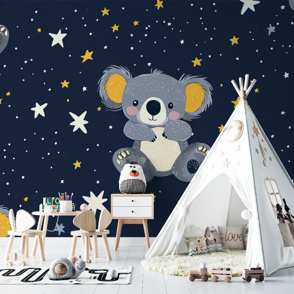 Koala nursery wallpaper in a modern baby room with soft lighting and wooden furniture