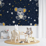 Kids room with koala wallpaper mural showing the scale of the design in natural light