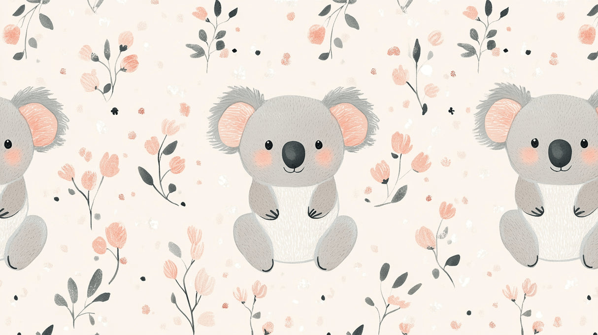 Koala nursery wallpaper design file showing full pattern with pink flowers and sage green leaves