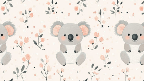 Koala nursery wallpaper design file showing full pattern with pink flowers and sage green leaves