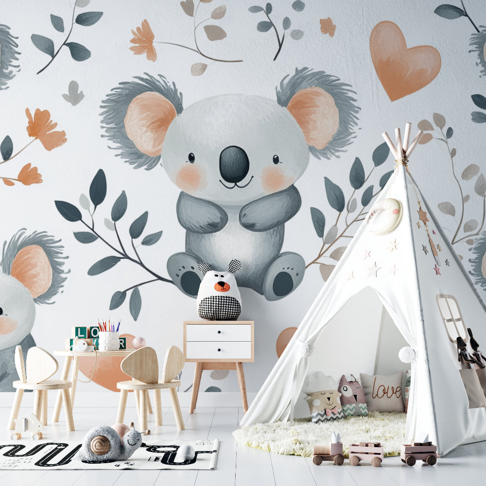 Koala nursery wallpaper creating a peaceful atmosphere in a modern nursery with white furniture