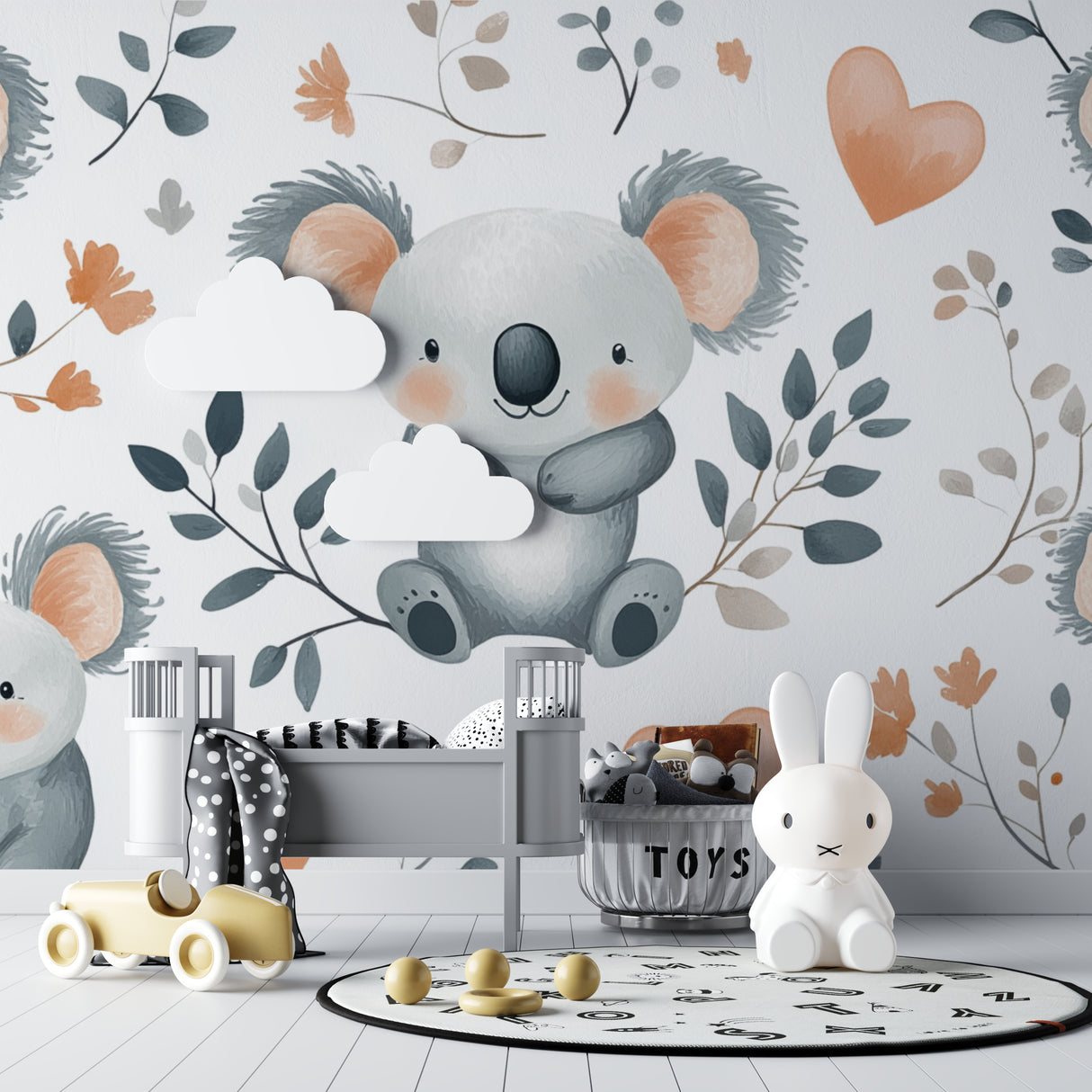 Sweet koala wall mural brightening a child's reading nook with soft lighting