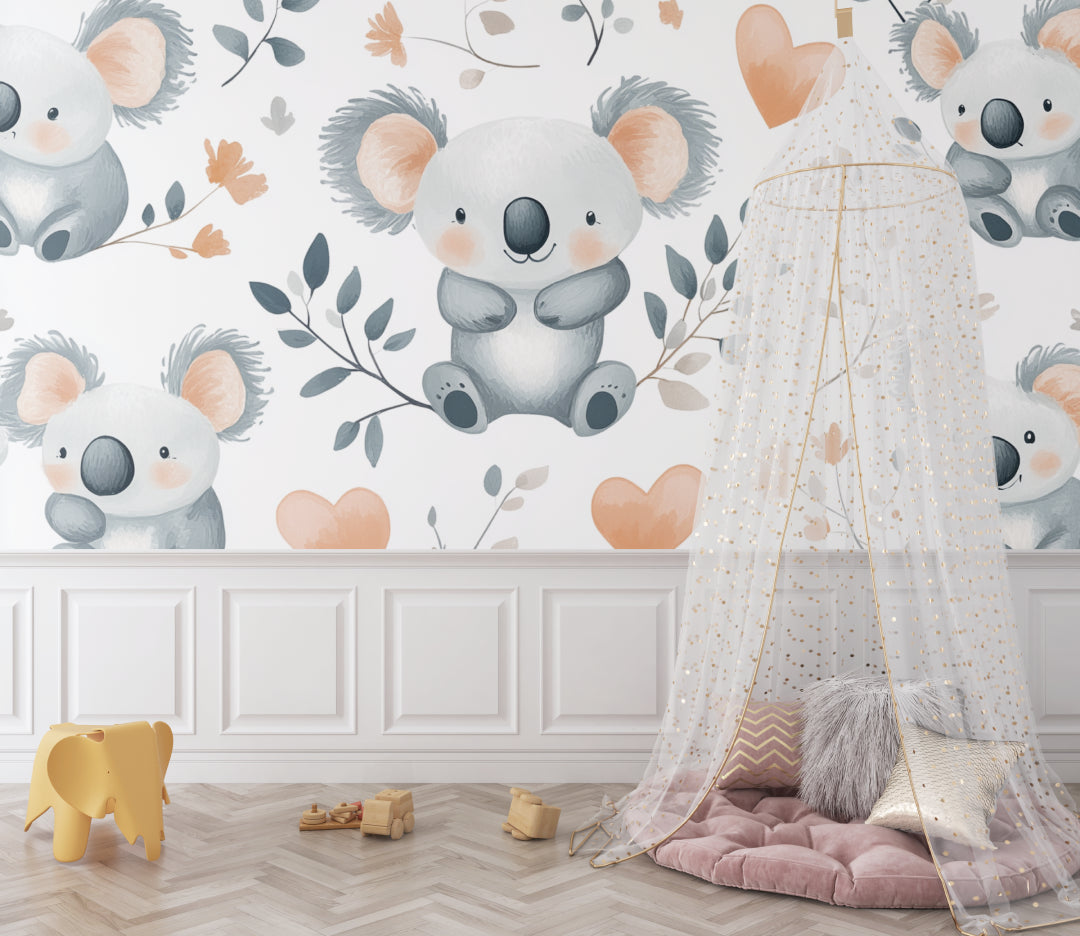 Koala hearts wallpaper making a charming statement in a baby girl's nursery