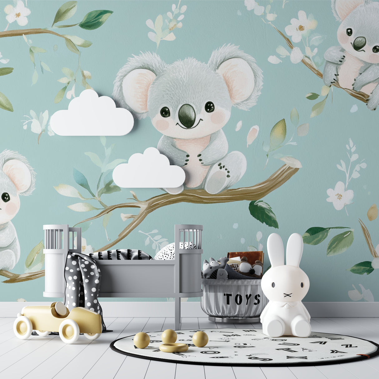 Children's playroom showcasing Australian koala wallpaper with gentle floral accents and natural lighting