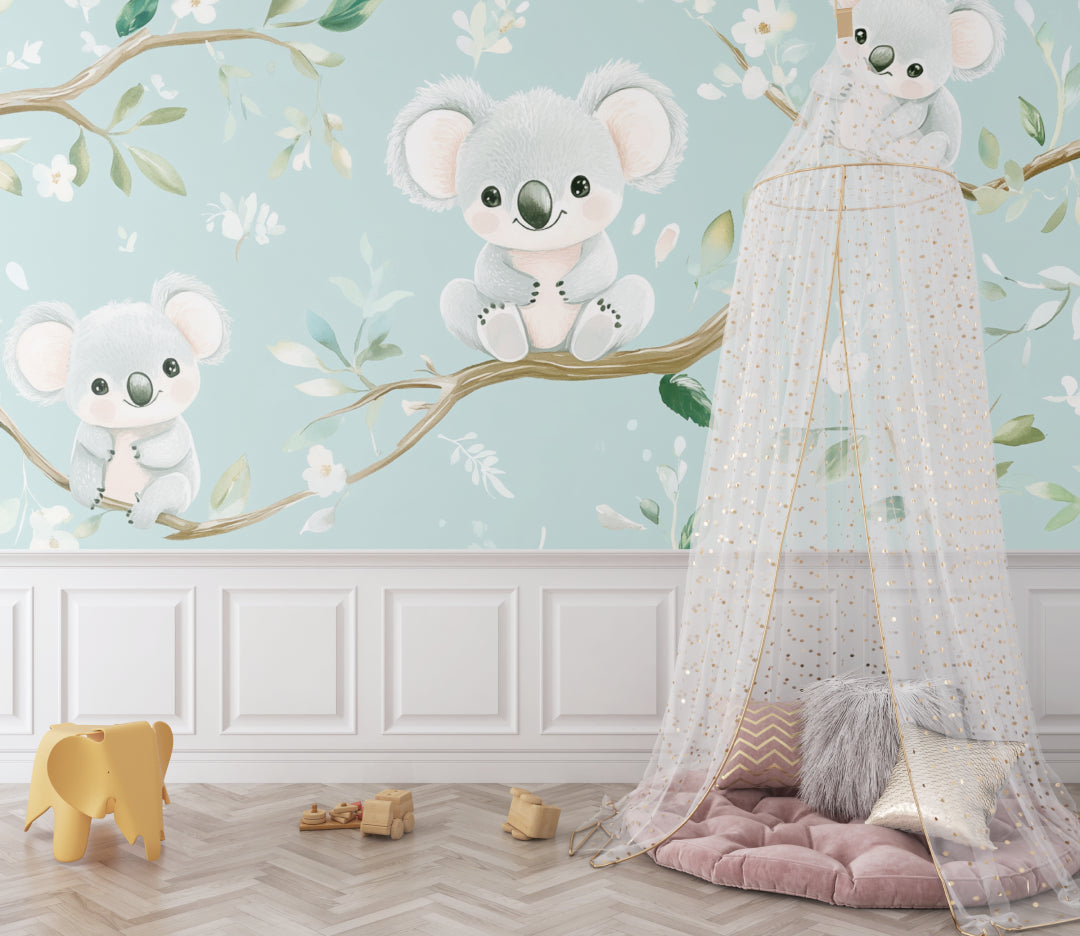 Toddler bedroom with sweet koala mural wallpaper creating a calm, nature-inspired atmosphere