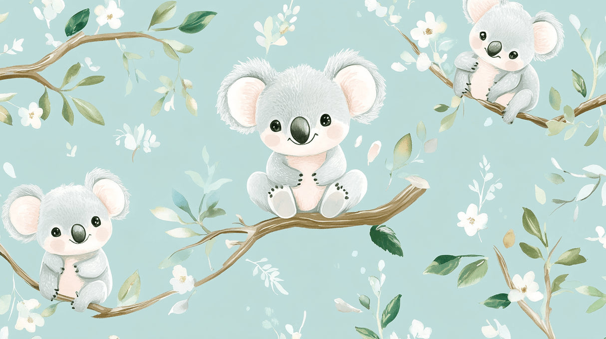 Design file of koala wallpaper pattern with mint green background and white blossoms