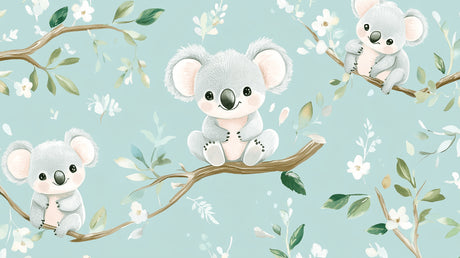 Design file of koala wallpaper pattern with mint green background and white blossoms