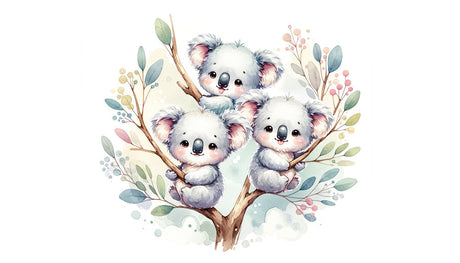 Watercolor Koala wallpaper design file showing baby koalas and floral elements on white background