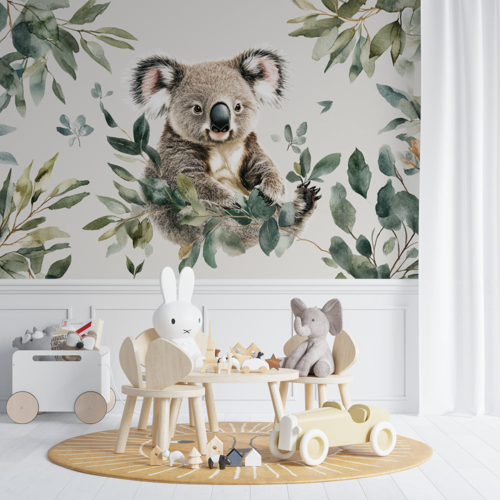 Watercolor koala wallpaper brightening a baby's room with soft, gentle tones