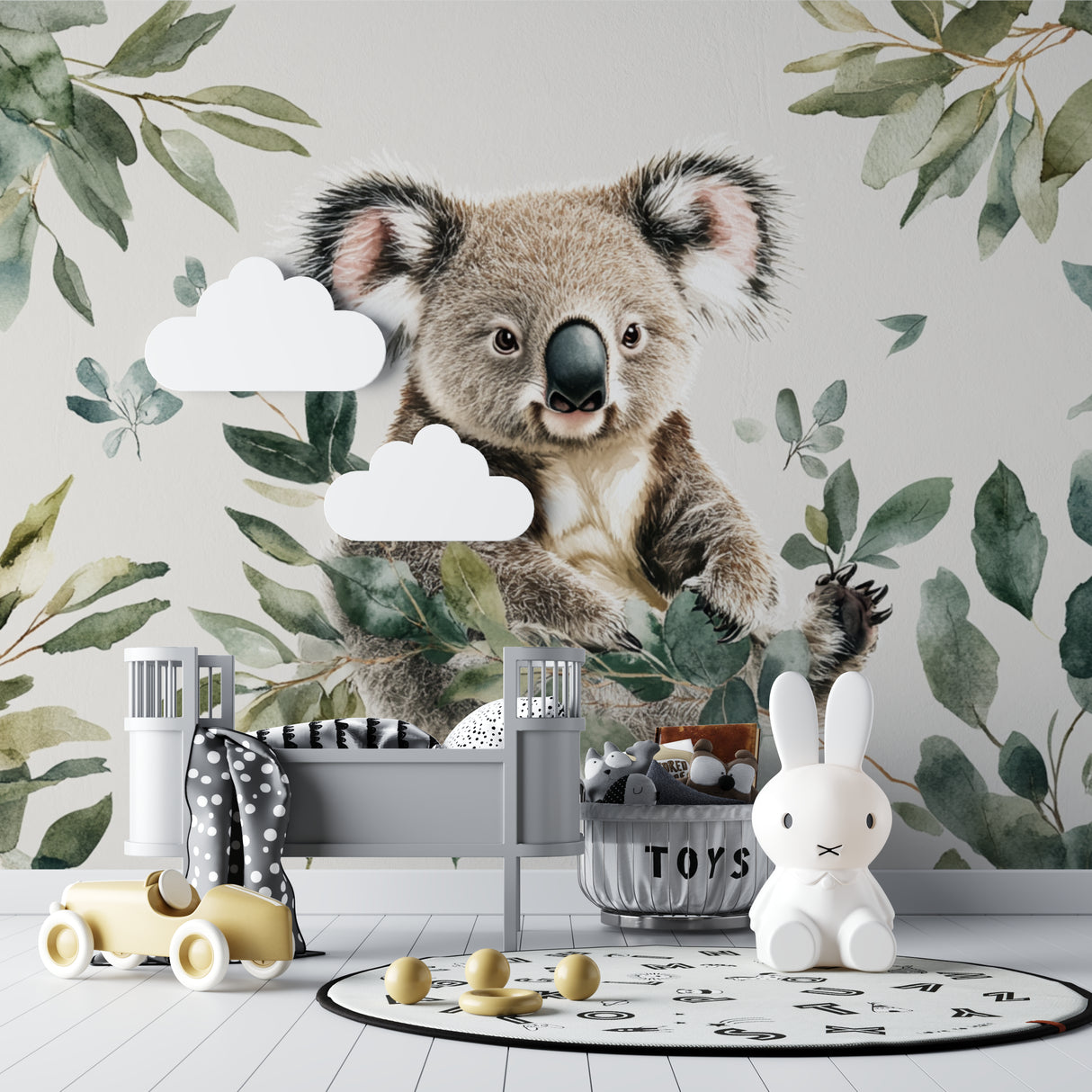 Eucalyptus koala wall mural adding warmth to a playroom setting