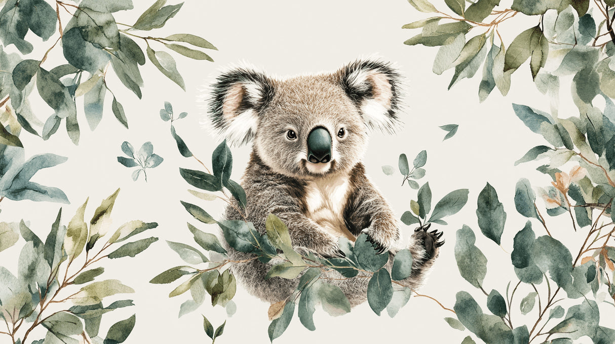 Koala and eucalyptus watercolor design file showing detailed pattern and soft color palette