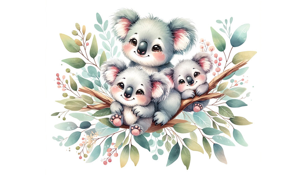 Koala watercolor wallpaper design file showing detailed pattern of parent and baby koalas with botanical elements