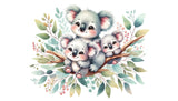 Koala watercolor wallpaper design file showing detailed pattern of parent and baby koalas with botanical elements