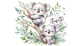 Watercolor koala family design file with eucalyptus details on white background