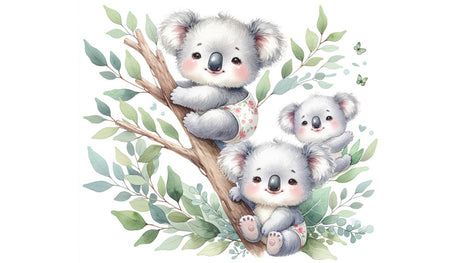 Watercolor koala family design file with eucalyptus details on white background