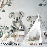 Playroom with koala wallpaper mural and natural wood accents