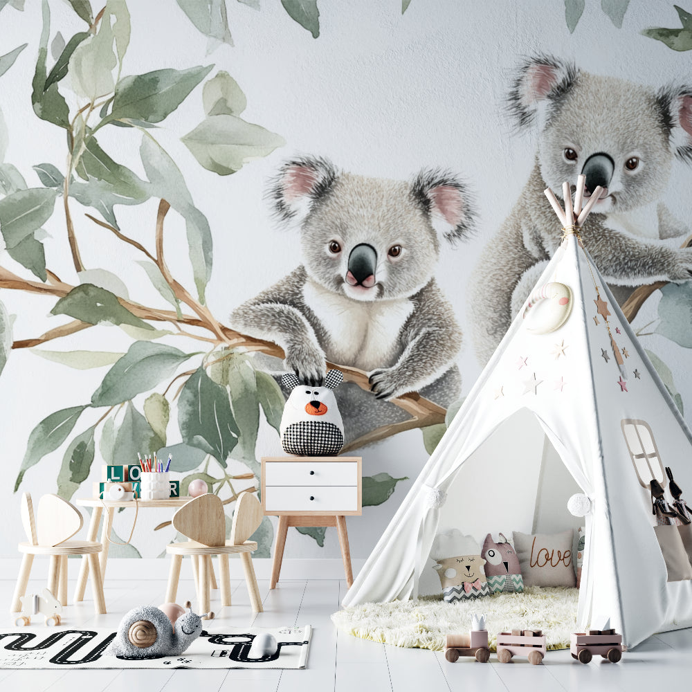 Koala wallpaper mural creating a cozy atmosphere in a modern nursery with natural light