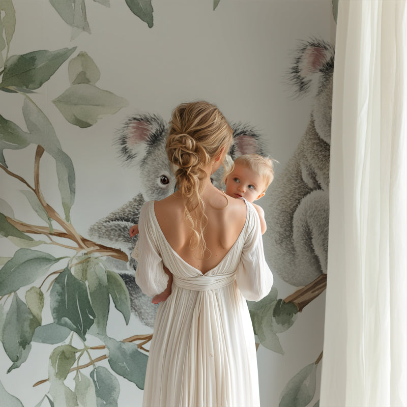 Australian wildlife wallpaper featuring koalas in a peaceful children's reading nook