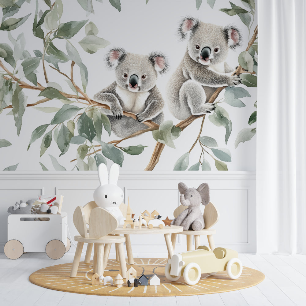 Watercolor koala mural bringing nature into a bright playroom setting
