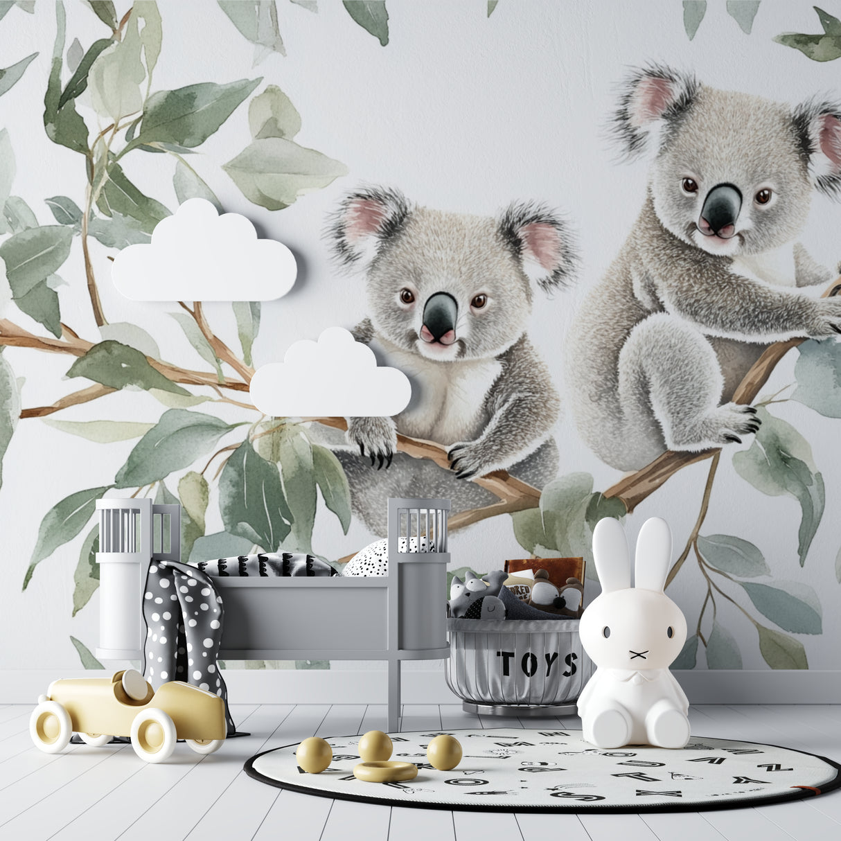 Nature-inspired koala wallpaper transforming a baby's room into a calming sanctuary