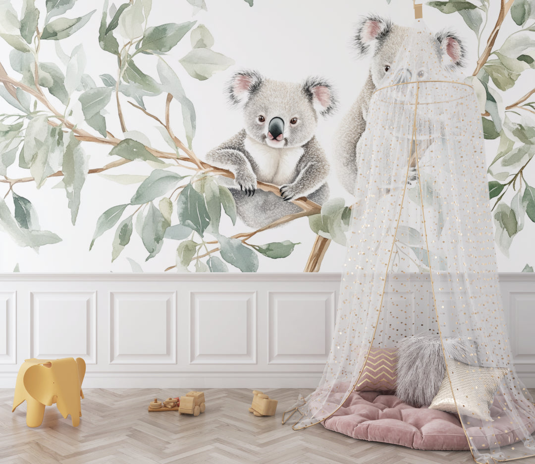 Koala wall mural adding charm to a minimalist kids bedroom design