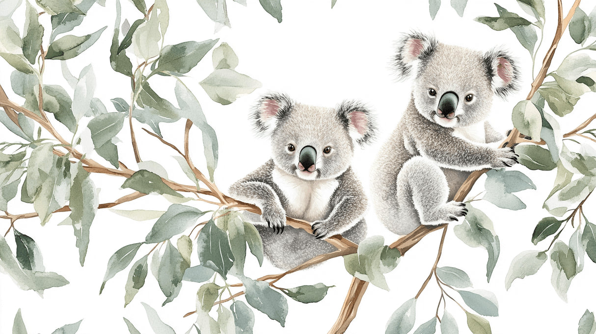 Watercolor koala wallpaper design file showing detailed eucalyptus pattern and gentle color palette