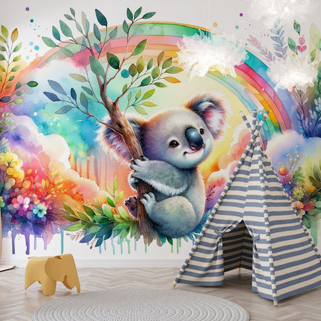 Koala rainbow wallpaper creates magic in modern nursery with rocking chair and soft lighting