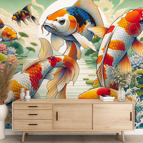 Japanese Koi Fish Wallpaper creating a calm atmosphere in a modern living room with soft lighting and minimal furniture