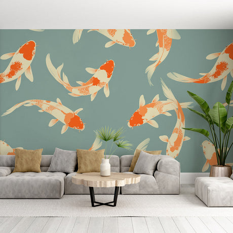 Koi fish wallpaper creating a zen atmosphere in a modern living room with minimal furniture