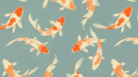 Japanese koi mural bringing calm to a sleek dining room with wooden elements