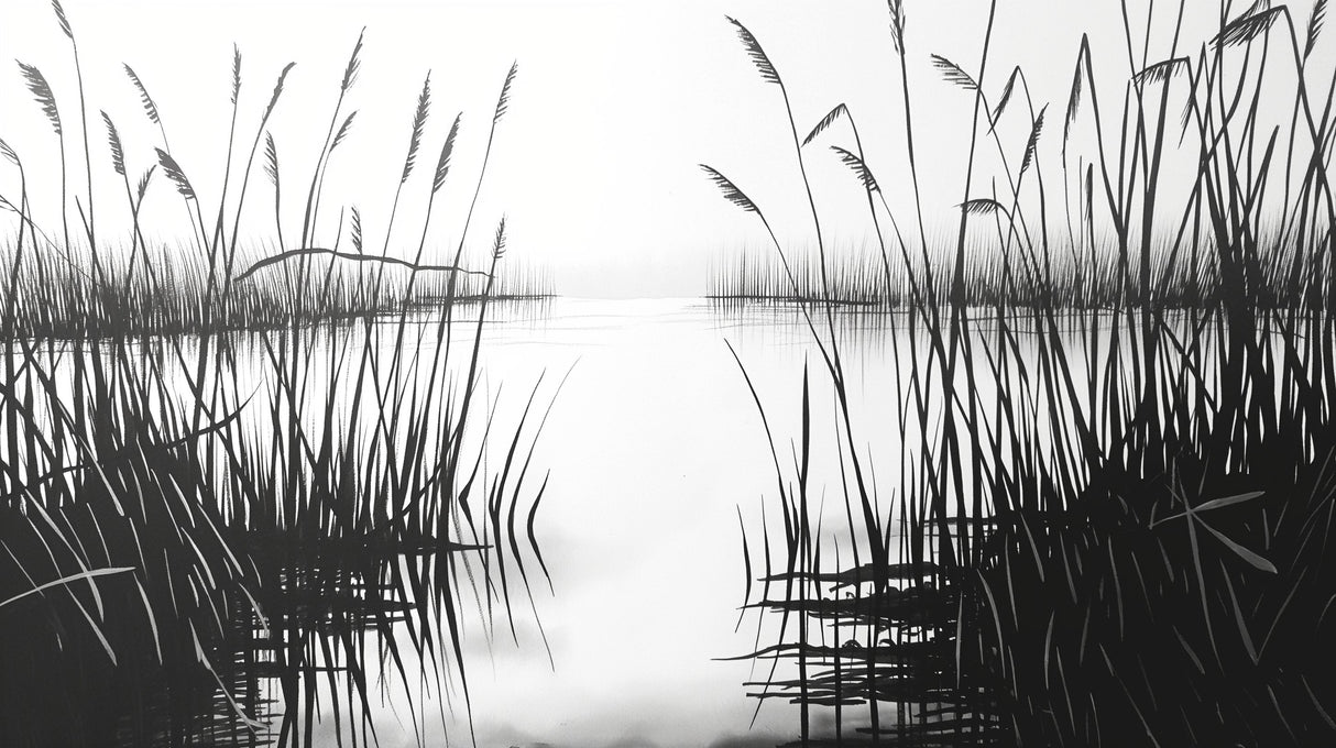 Black and white lake wallpaper creating a peaceful atmosphere in a modern living room with minimalist furniture