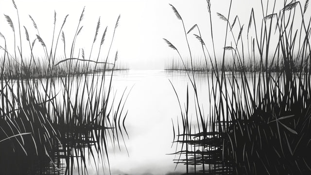Black and white lake wallpaper creating a peaceful atmosphere in a modern living room with minimalist furniture