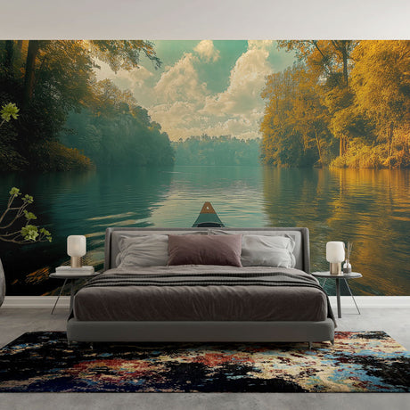 Lake reflection wallpaper creating depth in modern living room with natural light enhancing golden forest tones