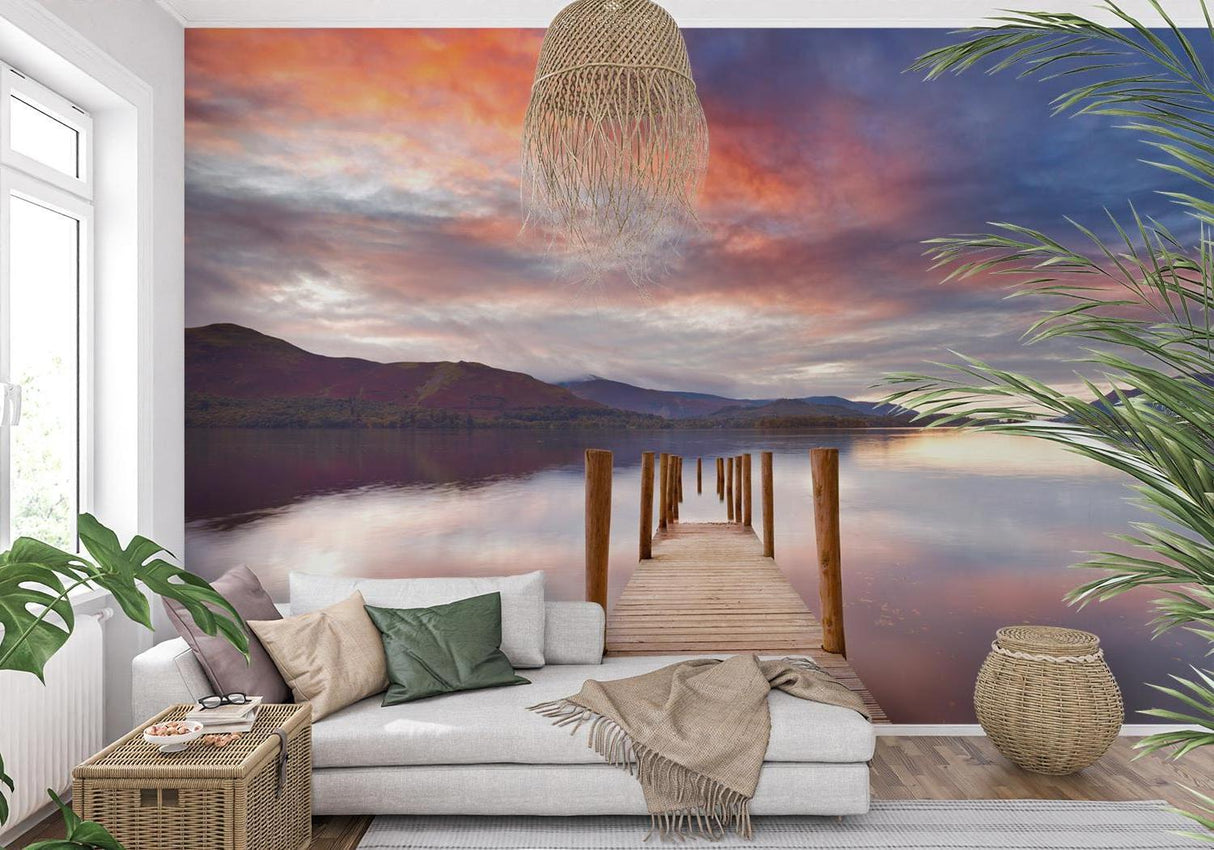 Lake landscape wallpaper creating depth in modern living room with minimal furniture