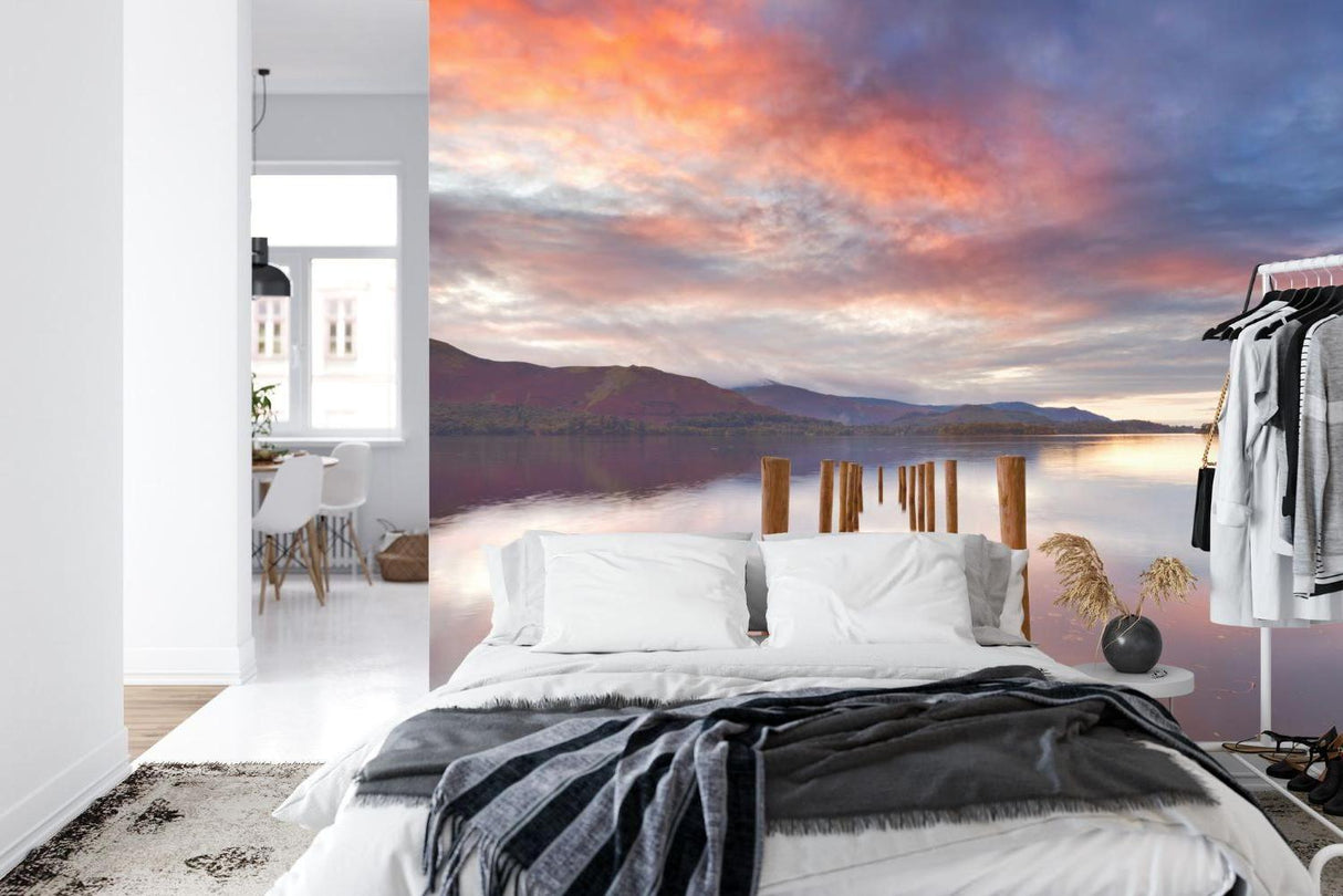 Sunset pier wallpaper making dining room feel more spacious
