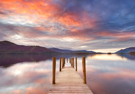 Lake landscape wallpaper design file showing detailed sunset colors and mountain reflections