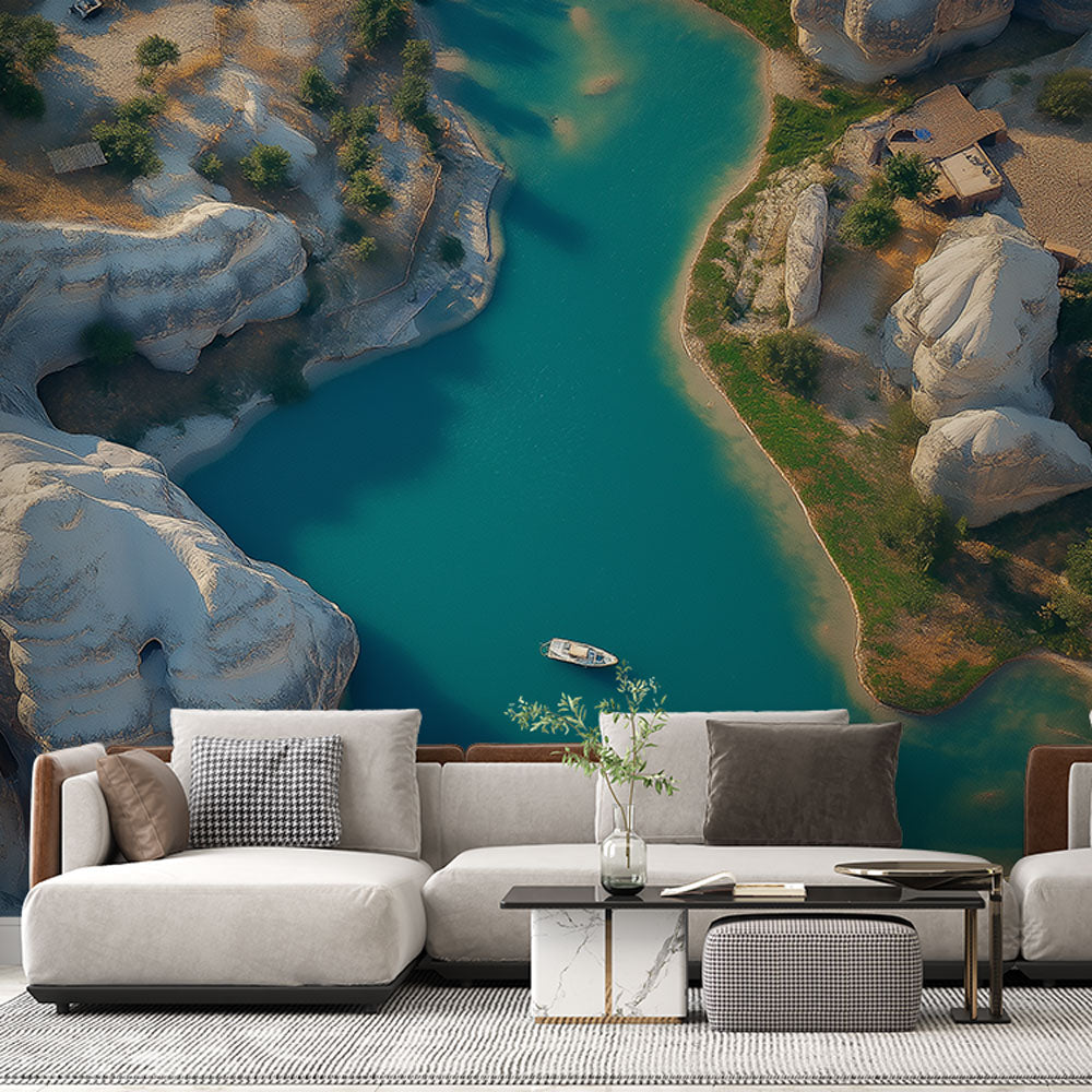 Turquoise river landscape wallpaper creating depth in a modern living room with white furniture and natural light