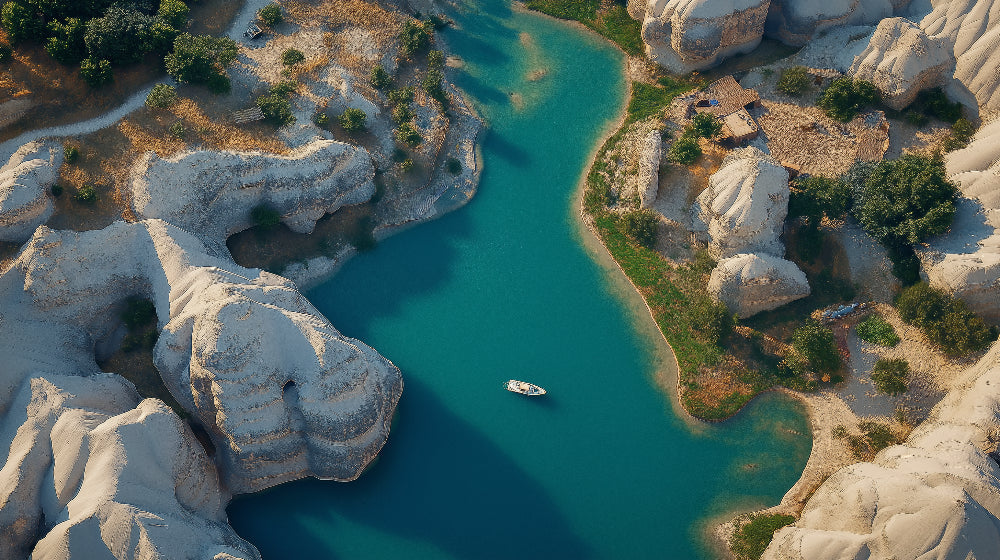 Turquoise river and white cliffs wallpaper design file showing intricate details and natural colors